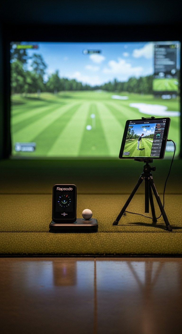 Portable Launch Monitor And Simulator Setup In A Home Garage With An Ipad Displaying Golf Swing Data