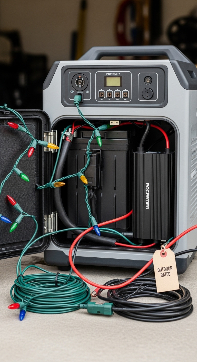 Portable Power Station Wired To An Inverter, Powering Festive Led Christmas Lights; Emphasizing Safe And Efficient Outdoor Holiday Setup.