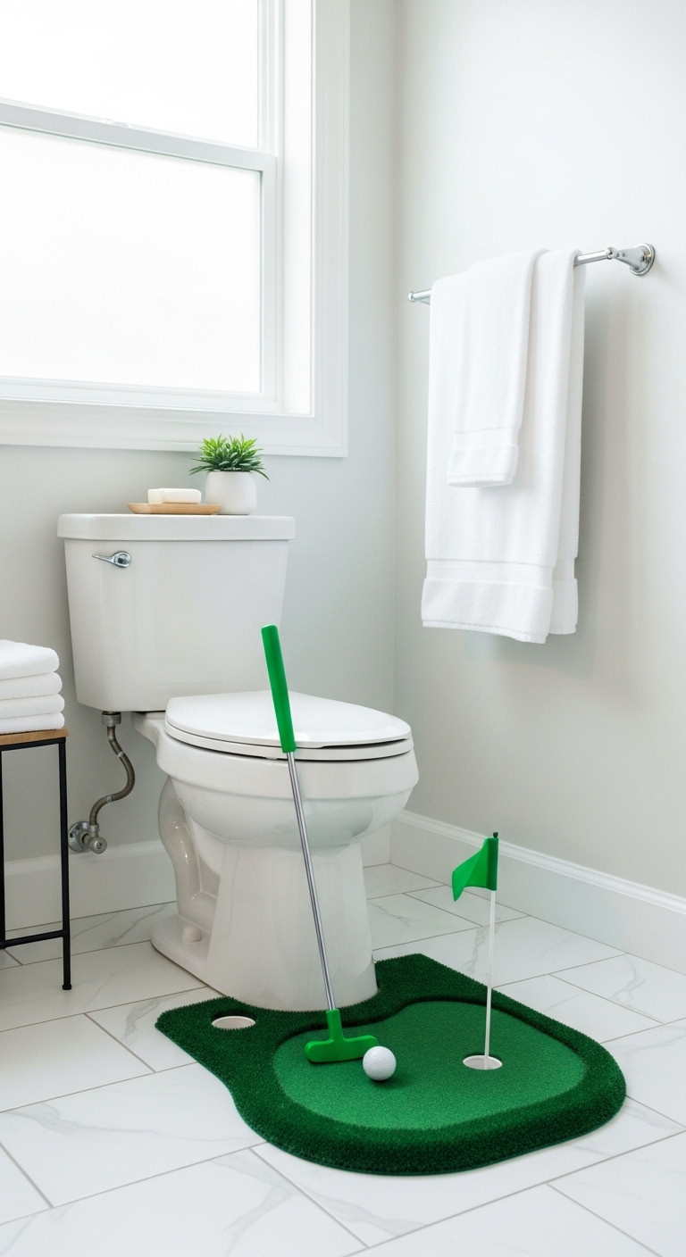Potty Putter Toilet Golf Game Set Up Around A Toilet In A Modern Clean Bathroom With A Mini Putting Green Putter And Golf Balls