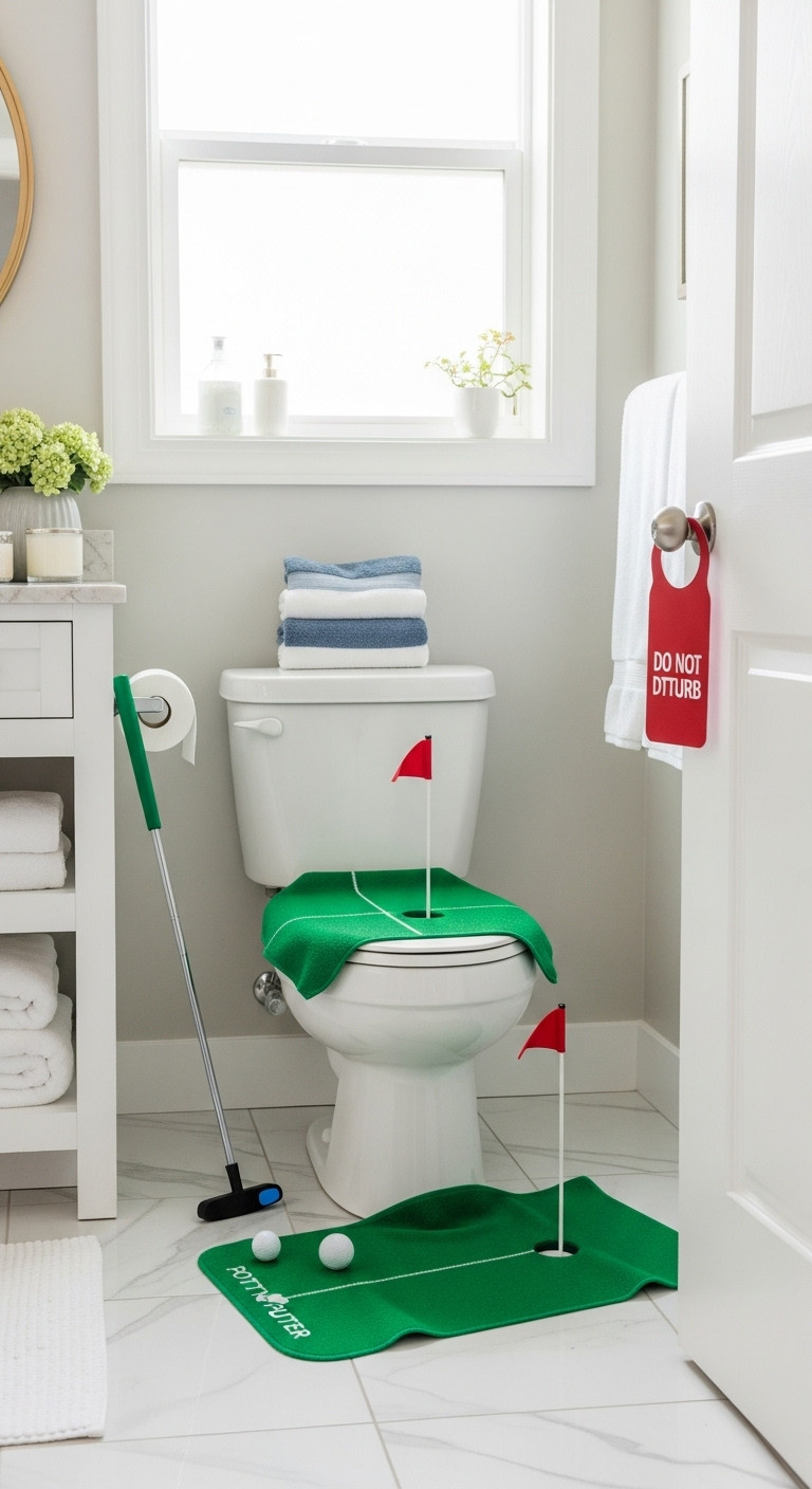 Potty Putter Bathroom Putting Game Set Up Around A Toilet In A Clean, Modern Bathroom With Putter And Golf Balls