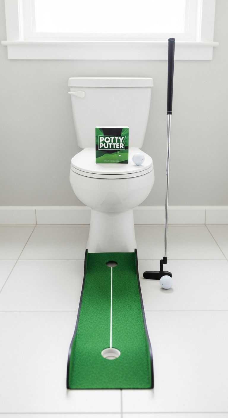 Potty Putter Mini Golf Game Set Up On A Clean Modern Bathroom Floor With Putter And Golf Balls