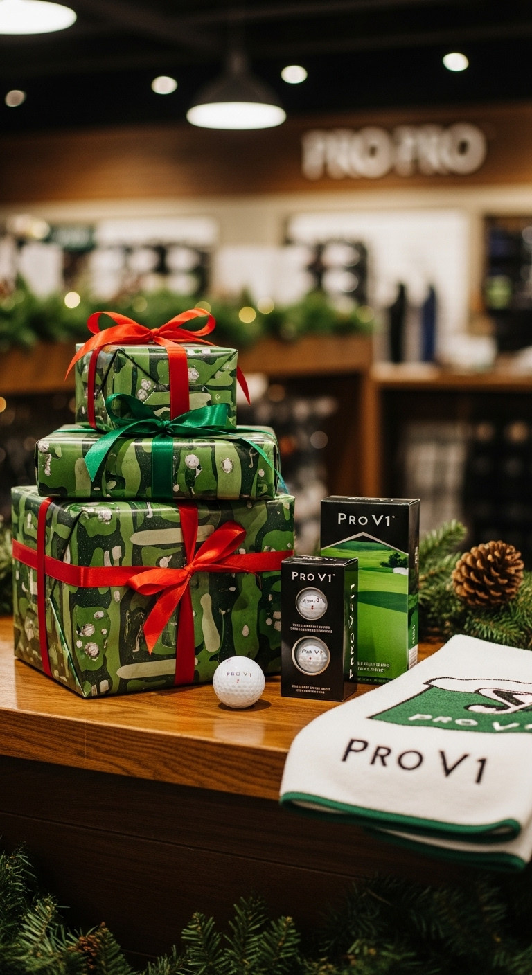 Pre-Wrapped Golf Gifts Holiday Sales Golf Shop Decor Christmas Presents Pro V1 Golf Balls Branded Towel Festive Display