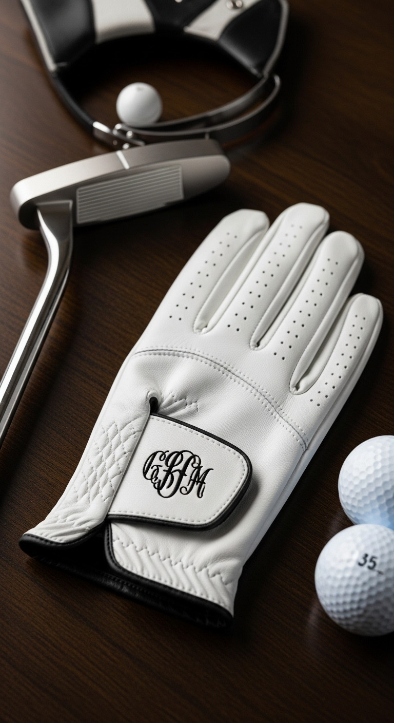 Premium Personalized Leather Golf Glove With Monogrammed Initials On Dark Wood With Putter And Golf Balls