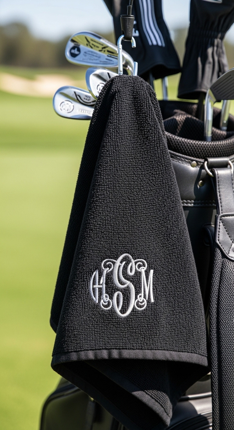 Premium Black Microfiber Golf Towel With Waffle Texture And Elegant Silver Monogram Hanging From A Golf Bag