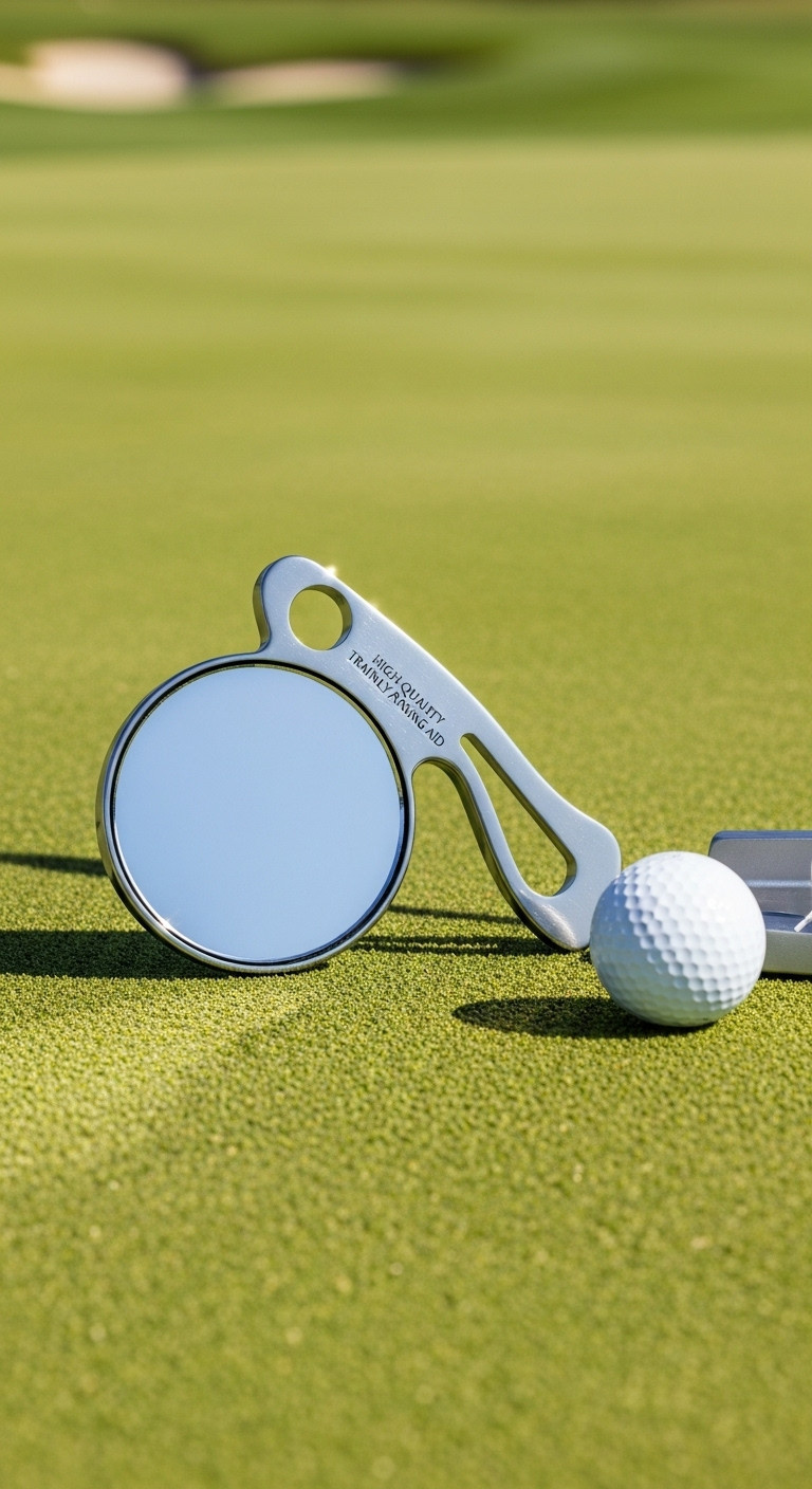 Premium Stainless Steel Golf Putting Mirror Reflecting The Sky On A Manicured Green With A Golf Ball And Putter