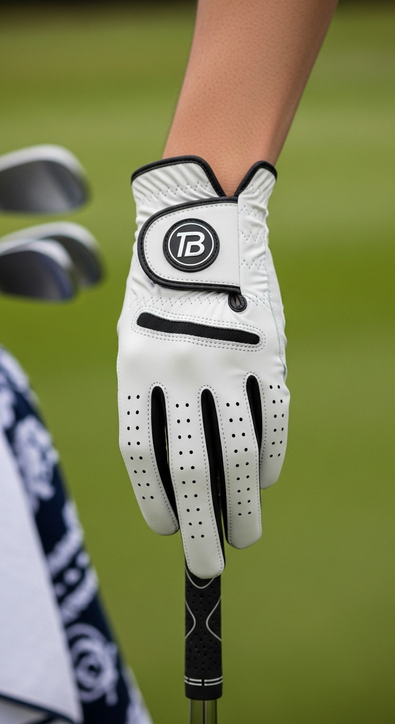Premium White Leather Golf Glove With Black Accents Resting On A Golf Club Handle