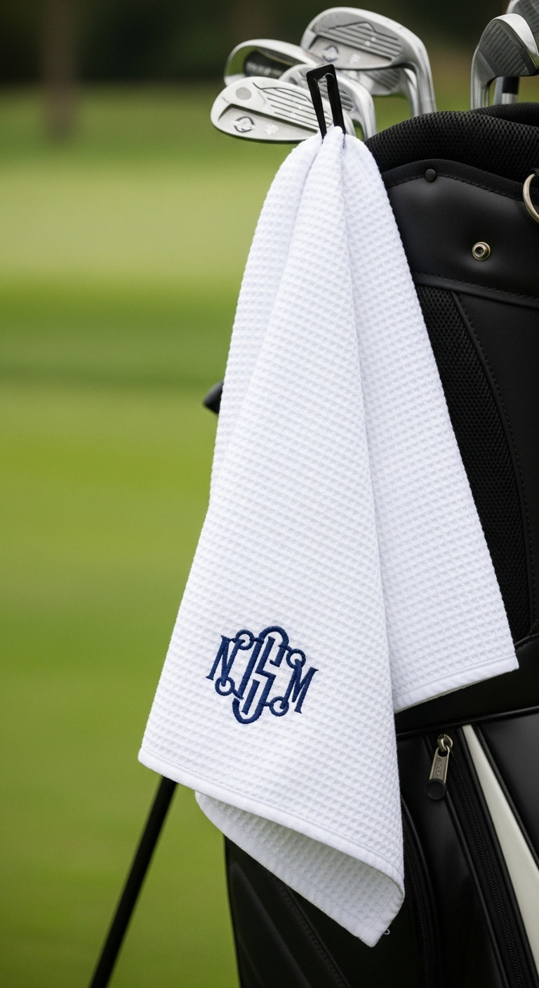 Premium White Waffle Weave Golf Towel With Navy Monogram Hanging From A Black Clip On A Stylish Golf Bag