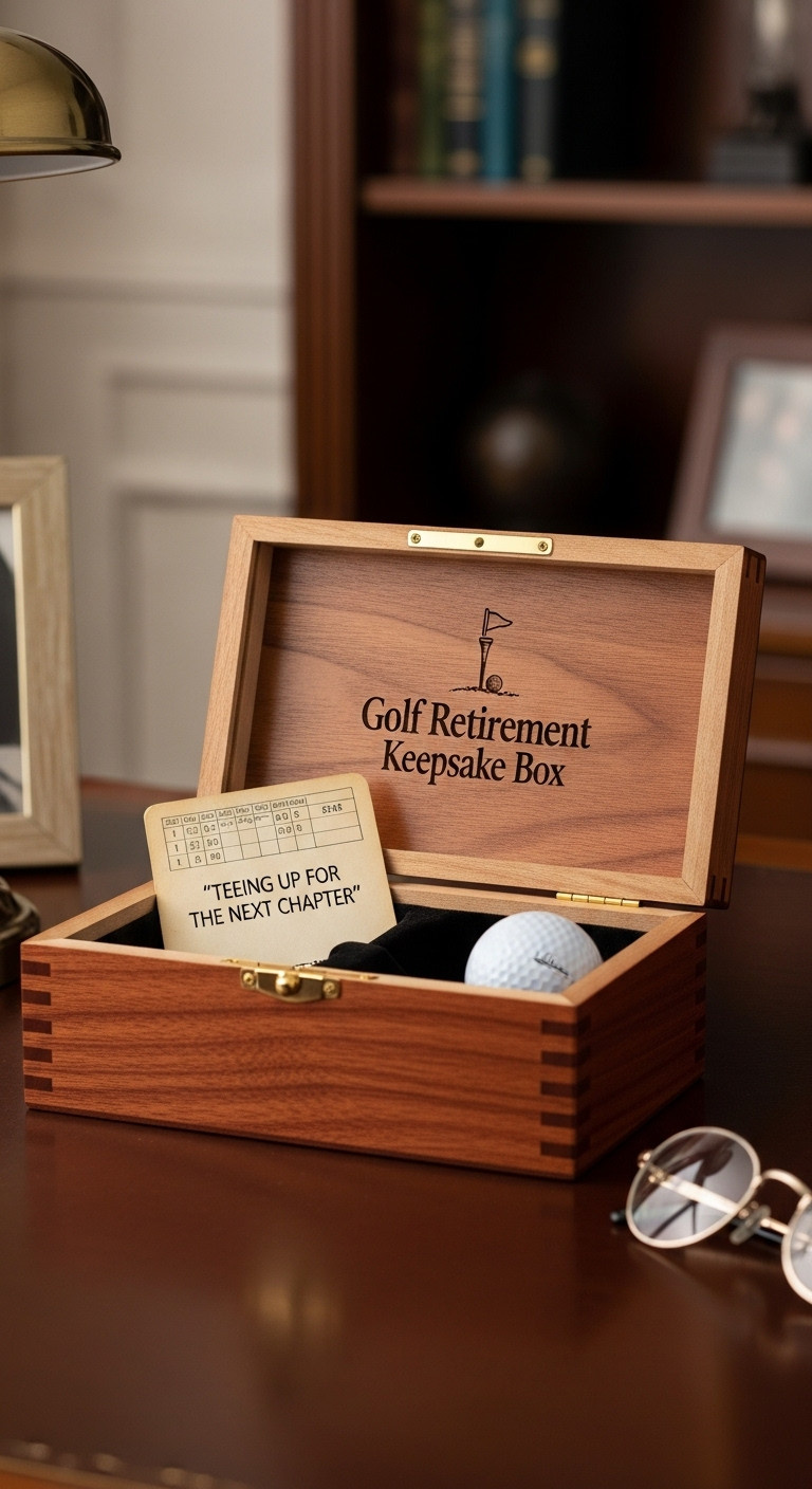 Premium Wooden Golf Retirement Keepsake Box With Engraved Lid Revealing A Velvet-Lined Interior Holding A Golf Ball And Scorecard