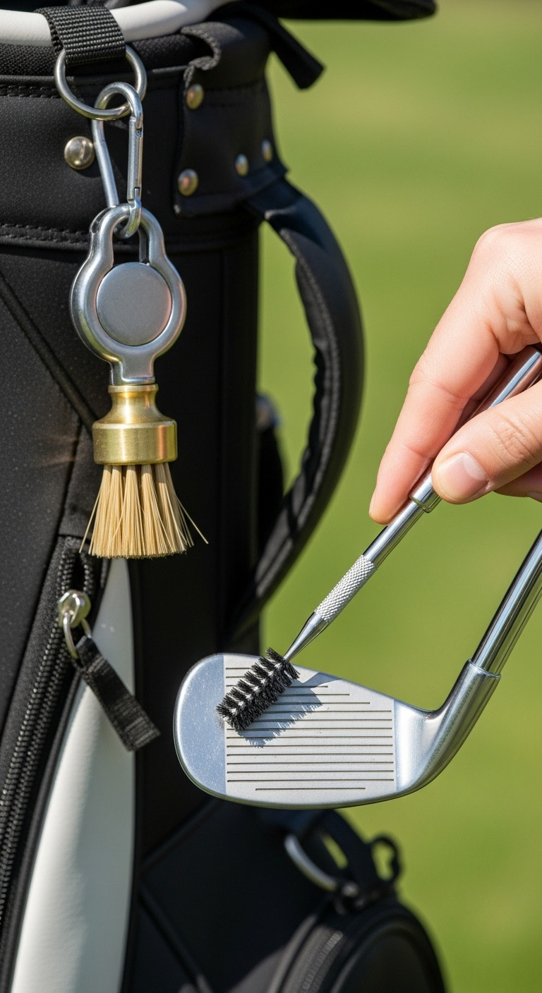 Professional Grade Club Cleaning Brush Attached To A Golf Bag With A Hand Cleaning An Iron Face