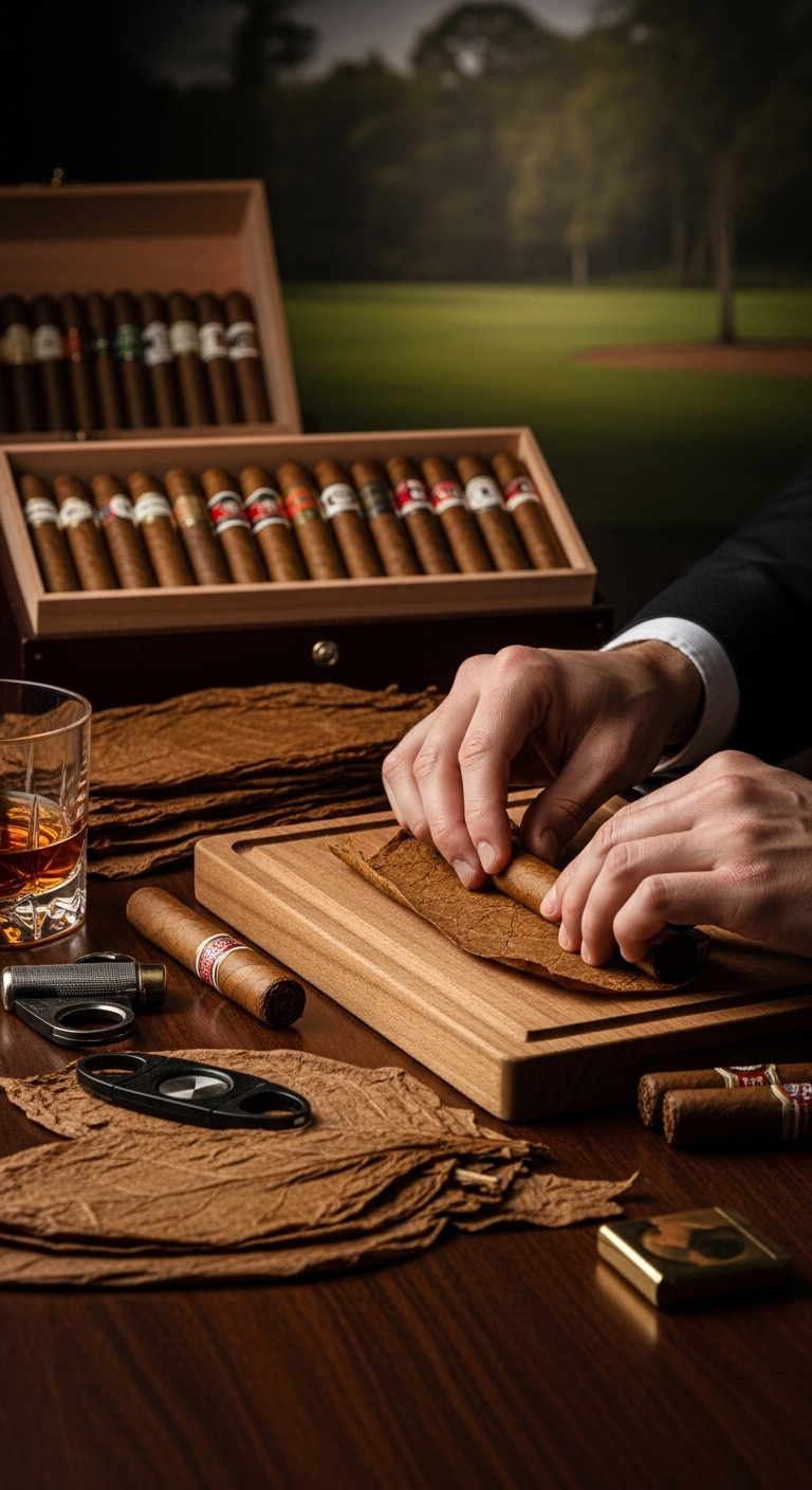 Professional Cigar Roller Meticulously Hand-Rolling A Cigar On A Wooden Board With Tobacco Leaves And Tools Displayed