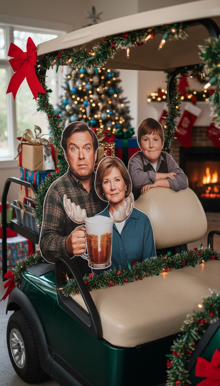 Realistic Weatherproof Cutouts Of The Griswold Family (Clark, Ellen, Rusty) Adorning A Christmas Vacation Themed Golf Cart Display.