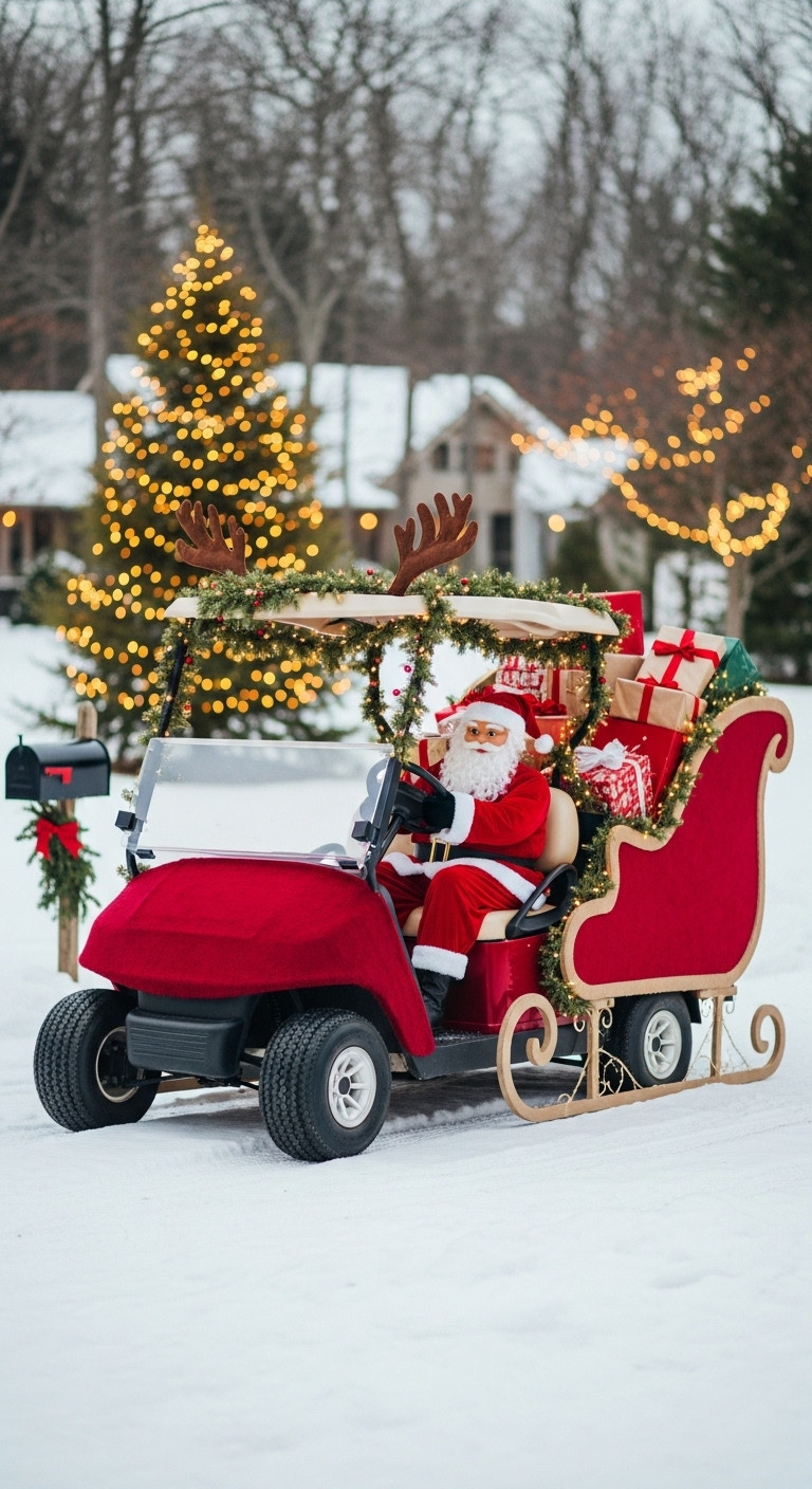 Decorate Your Golf Cart For Christmas With 7 Genius Ideas Red Golf Cart Transformed Into Santa'S Sleigh With Reindeer Antlers, A Santa Figure, Wrapped Gifts, And Warm String Lights On Snow.