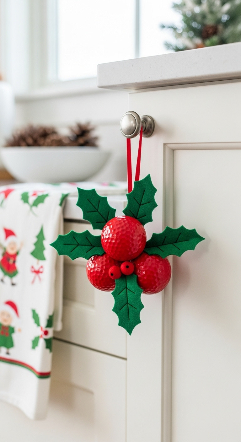 Red Painted Golf Ball Holly Berry Cluster Ornament With Green Felt Leaves Hanging From A Kitchen Cabinet