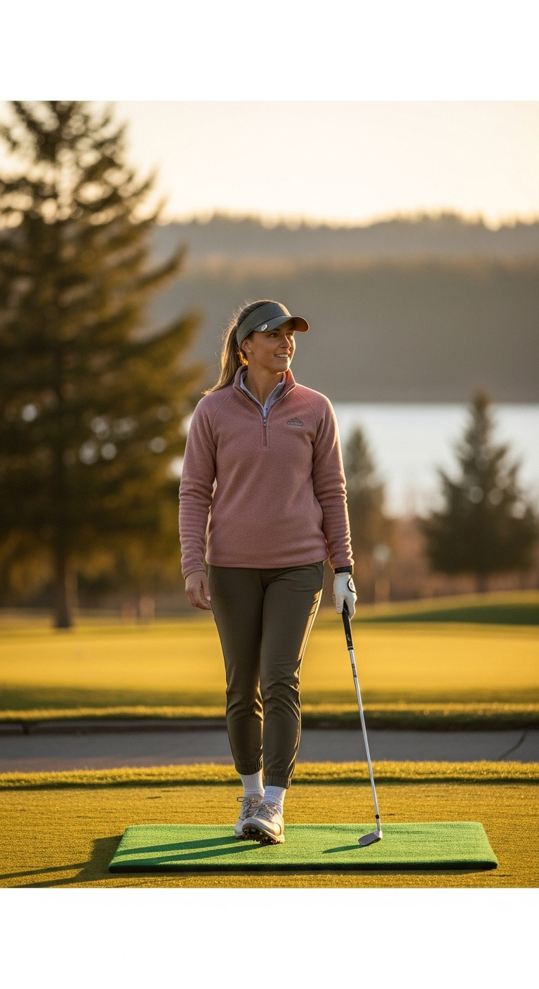 Relaxed Female Golfer In Dusty Rose Fleece Pullover And Golf Leggings On A Scenic Path. Comfortable Athleisure Winter Golf Outfit For Women.