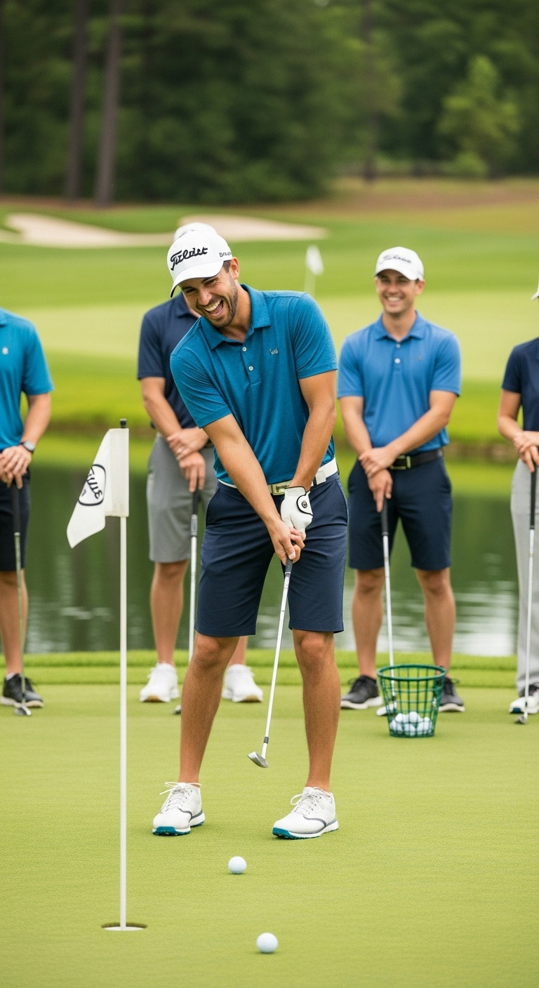 Right-Handed Golfer Awkwardly Swinging A Left-Handed Club On A Par-3 Tee Box With Laughing Teammates