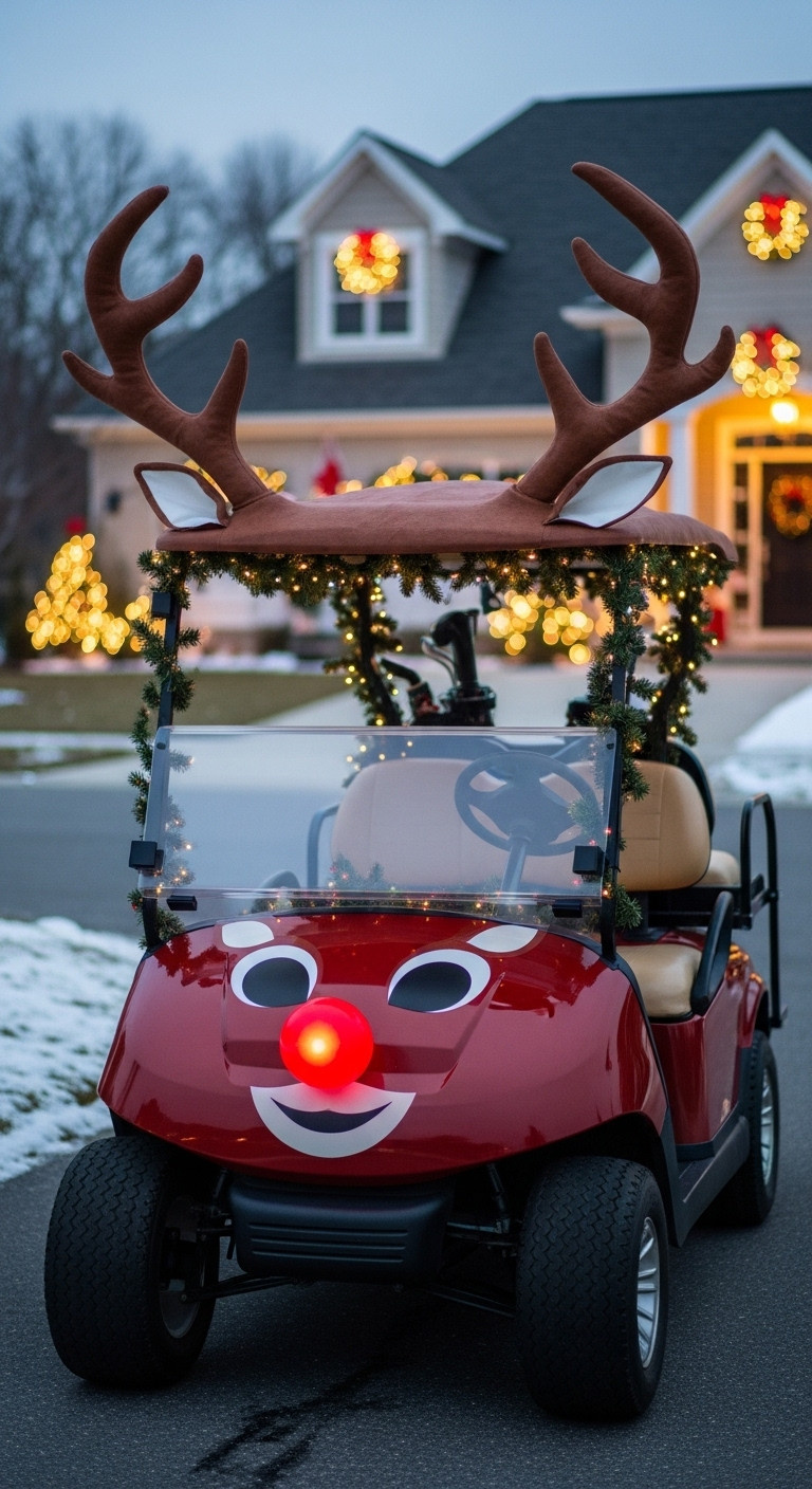 9 Brilliant Christmas Golf Cart Reindeer Decor Ideas Rudolph Red Nosed Christmas Golf Cart Reindeer Decor Festive Holiday Decorations Golf Cart Parade Outdoor Lights