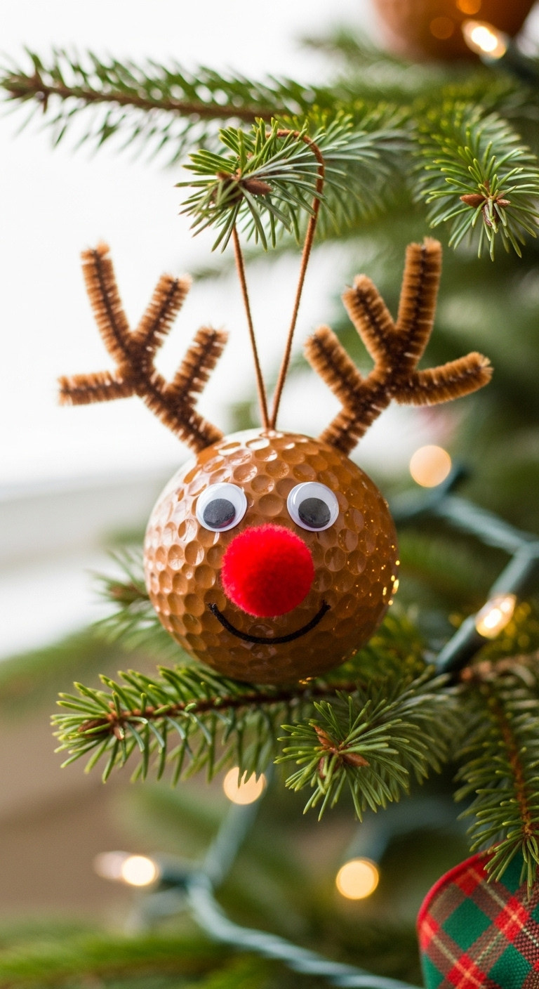 Rudolph The Red Nosed Reindeer Golf Ball Ornament With Pipe Cleaner Antlers And A Pom Pom Nose Hanging On A Christmas Tree
