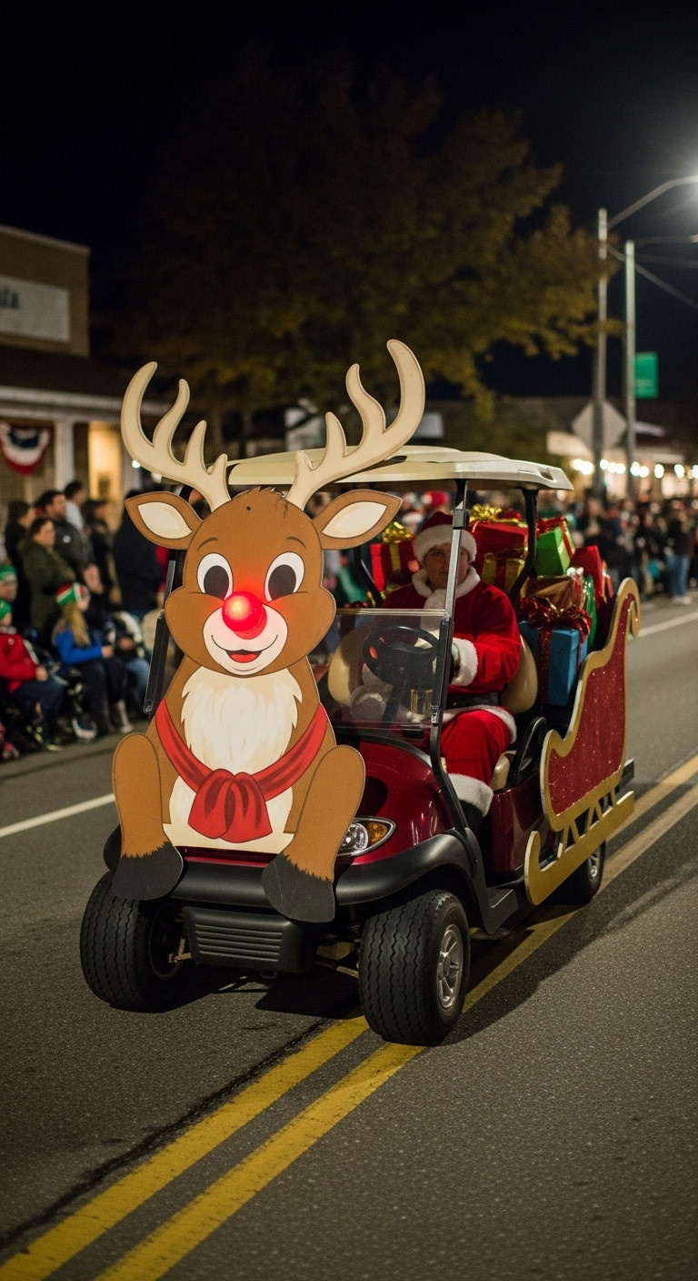 13 Stunning Golf Cart Decorating Ideas For Christmas Parades Rudolph'S Reindeer Sleigh Golf Cart With Reindeer Cutouts Glowing Red Nose And Santa Driving A Pile Of Gifts