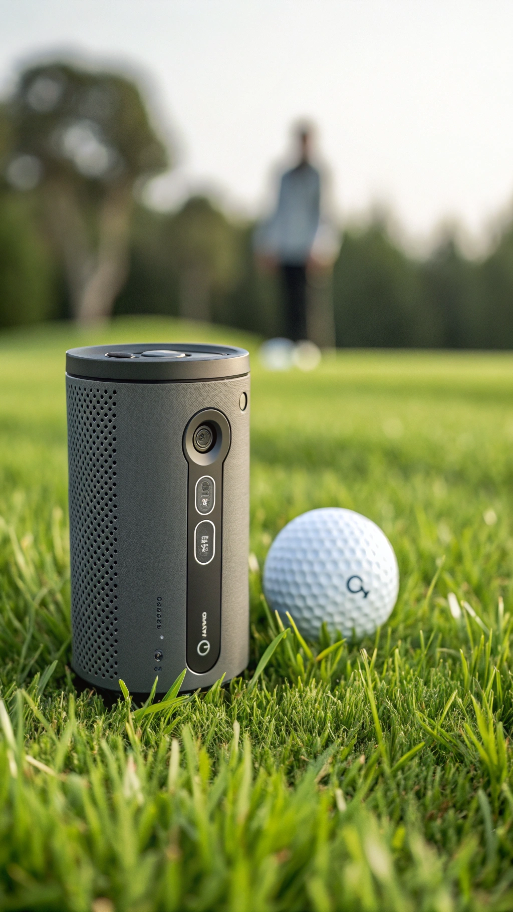 Rugged Waterproof Bluetooth Golf Speaker Magnetically Mounted To A Golf Cart Frame On A Sunny Golf Course Fairway
