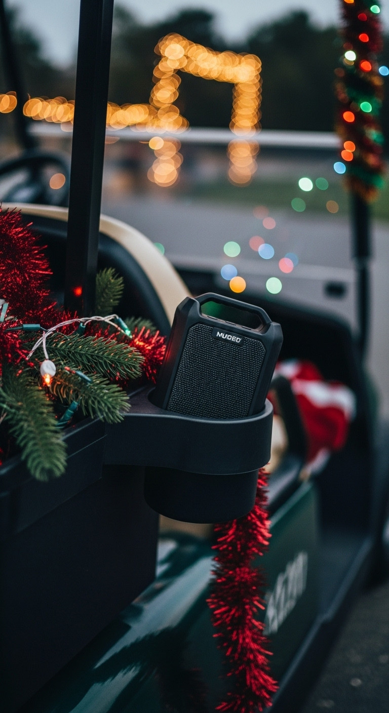 Rugged Waterproof Bluetooth Speaker In A Golf Cart Cup Holder Amidst Christmas Decorations