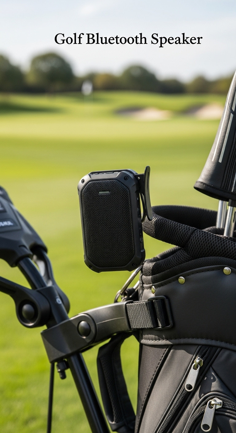 Rugged Waterproof Black Bluetooth Speaker Clipped To A Golf Bag On A Push Cart On A Sunny Golf Course