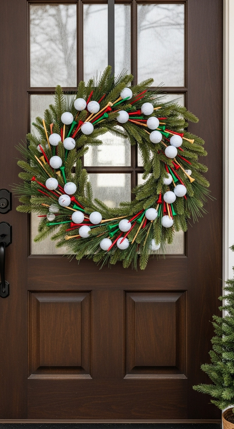 Rustic Golf Themed Holiday Wreath With Golf Balls Painted Tees And Pine Sprigs On A Dark Wooden Door