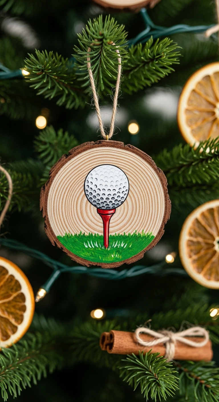 Rustic Wood Slice Ornament With Painted Golf Ball On A Tee Hanging From A Christmas Tree Branch