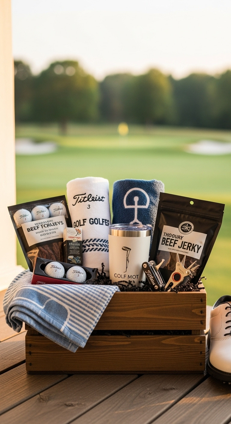 Rustic Wooden Crate Overflowing With Personalized Golf Gifts On A Porch Floor With A Golf Course At Sunset Background