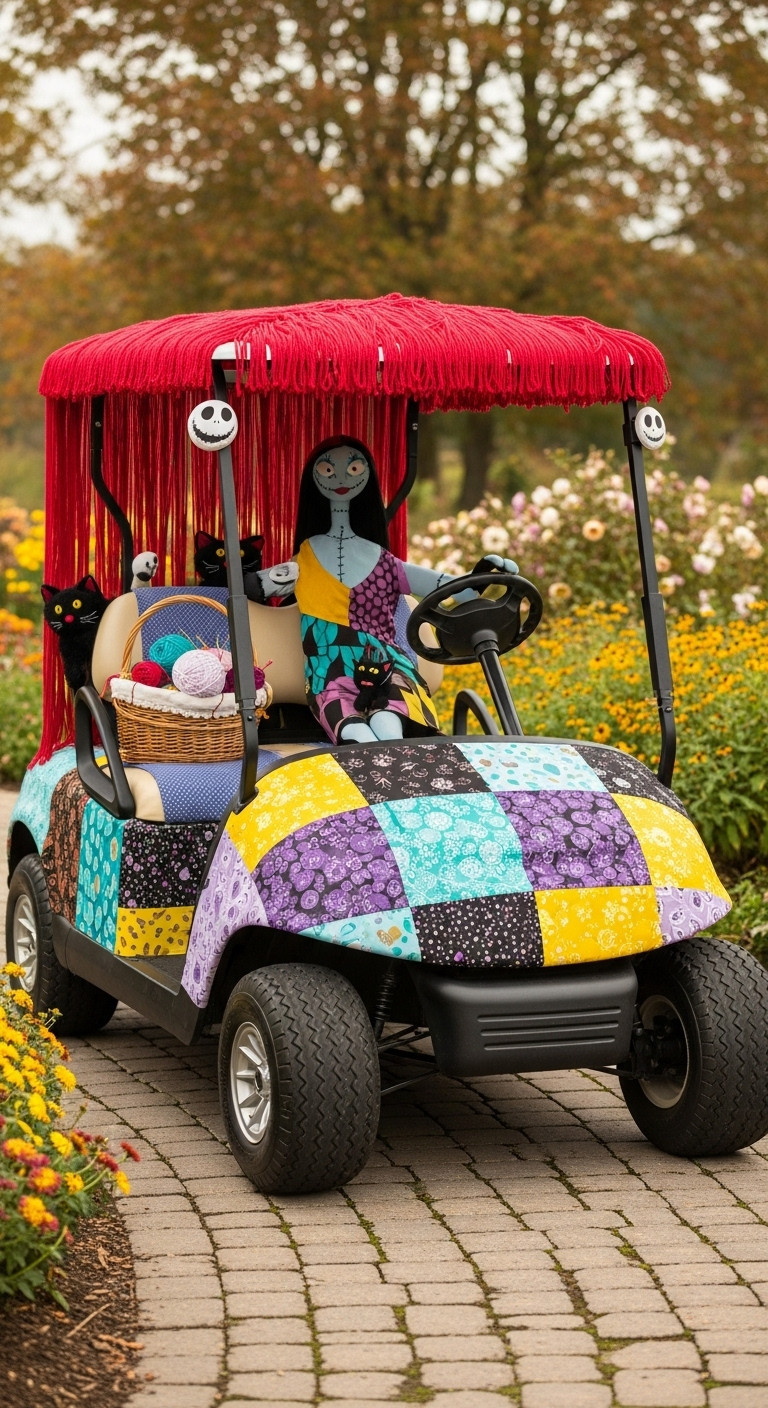 7 Brilliant Nightmare Before Christmas Golf Cart Ideas Sally Patchwork Golf Cart With Red Yarn Hair Decorated In A Garden Setting With Fall Flowers And Black Cats