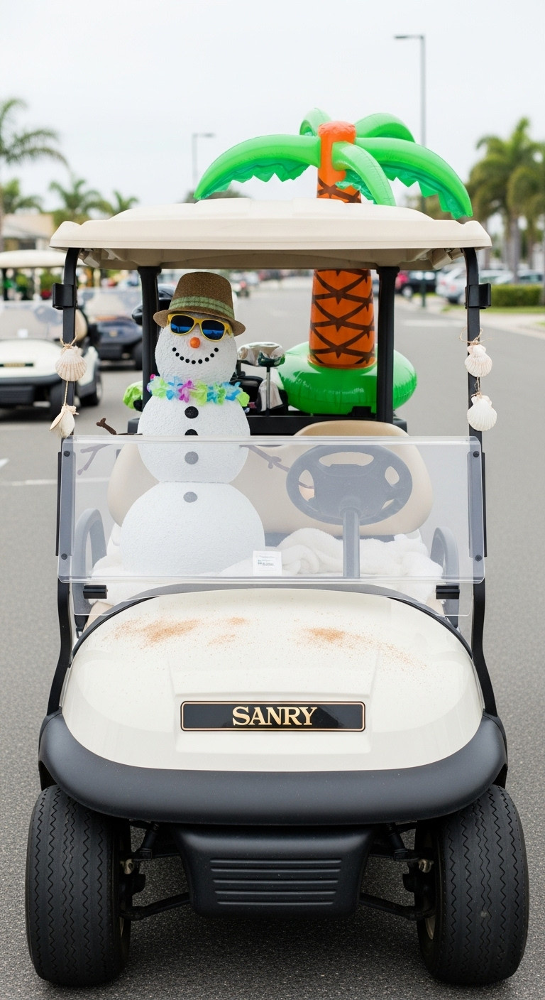 Sandy Snowman And Palm Tree Oasis Golf Cart With A Lei Wearing Snowman Inflatable Palm Tree And Seashell Ornaments