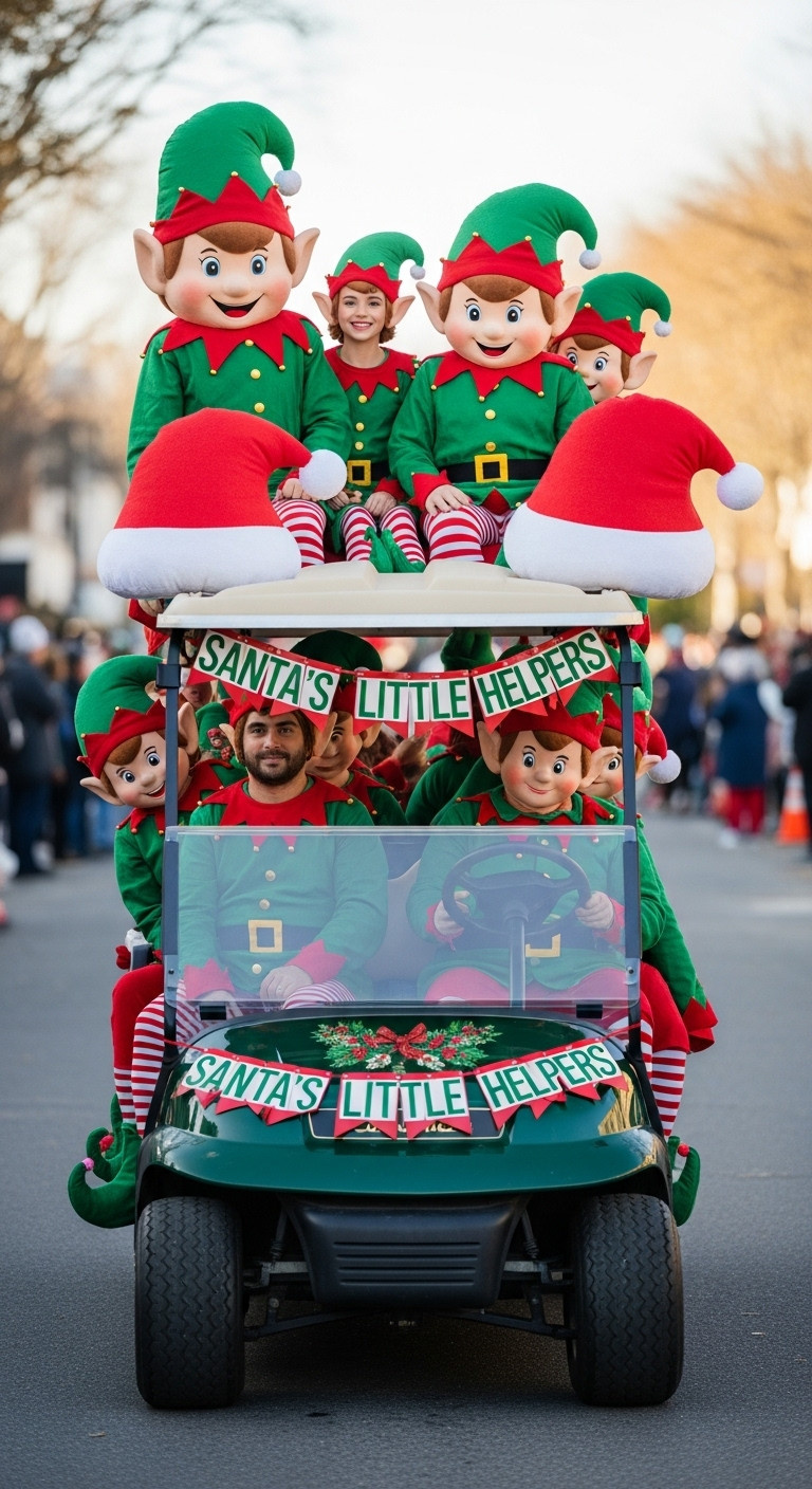 Santa'S Little Helpers Parade Float Golf Cart With People And Plush Elves In Costumes With Banners And Santa Hat Balloons