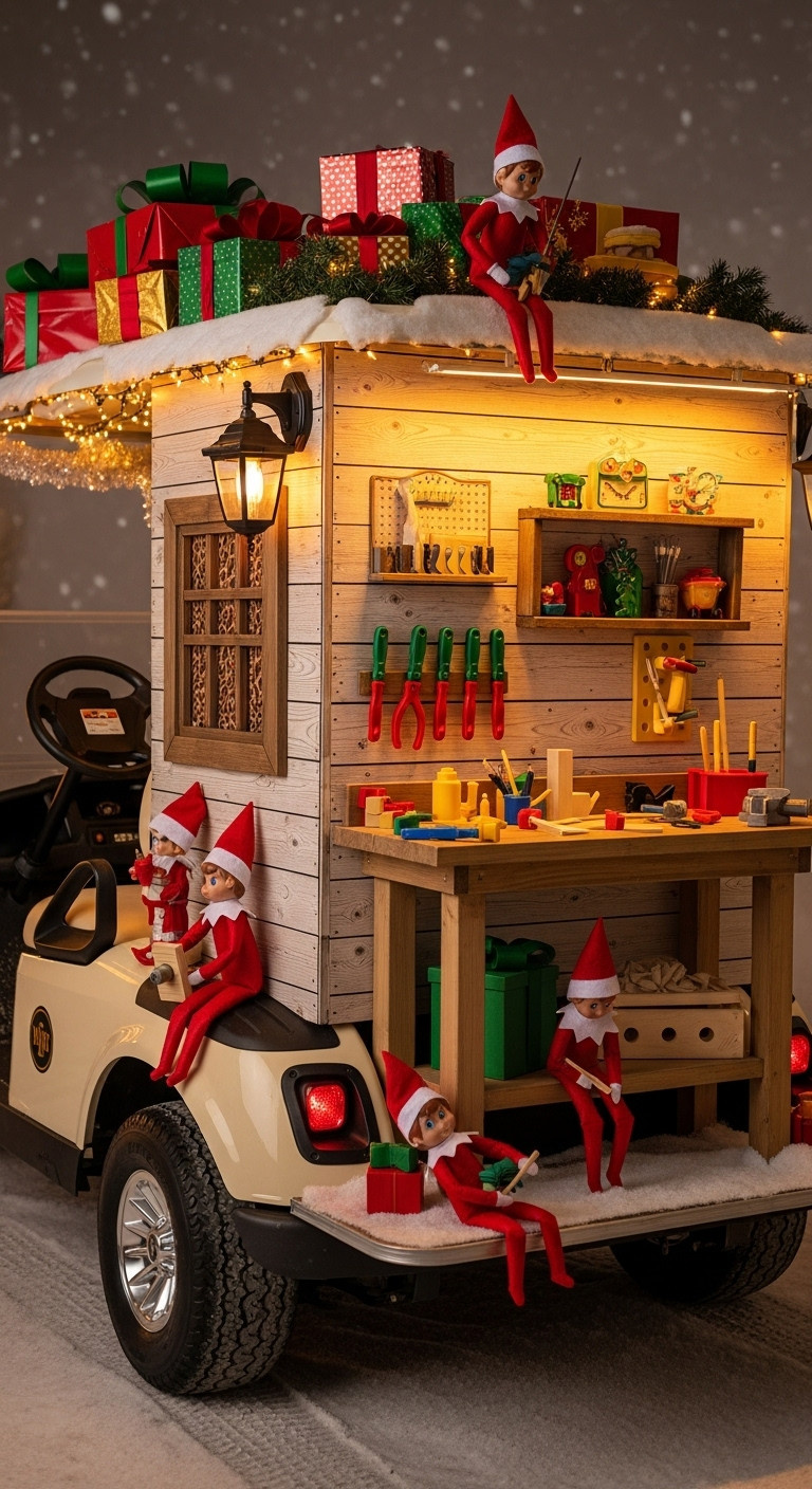 13 Stunning Golf Cart Decorating Ideas For Christmas Parades Santa'S Mobile Workshop Golf Cart With Faux Wood Paneling Toys Gifts And Elf Figurines Under Festive Lights For Christmas Parade
