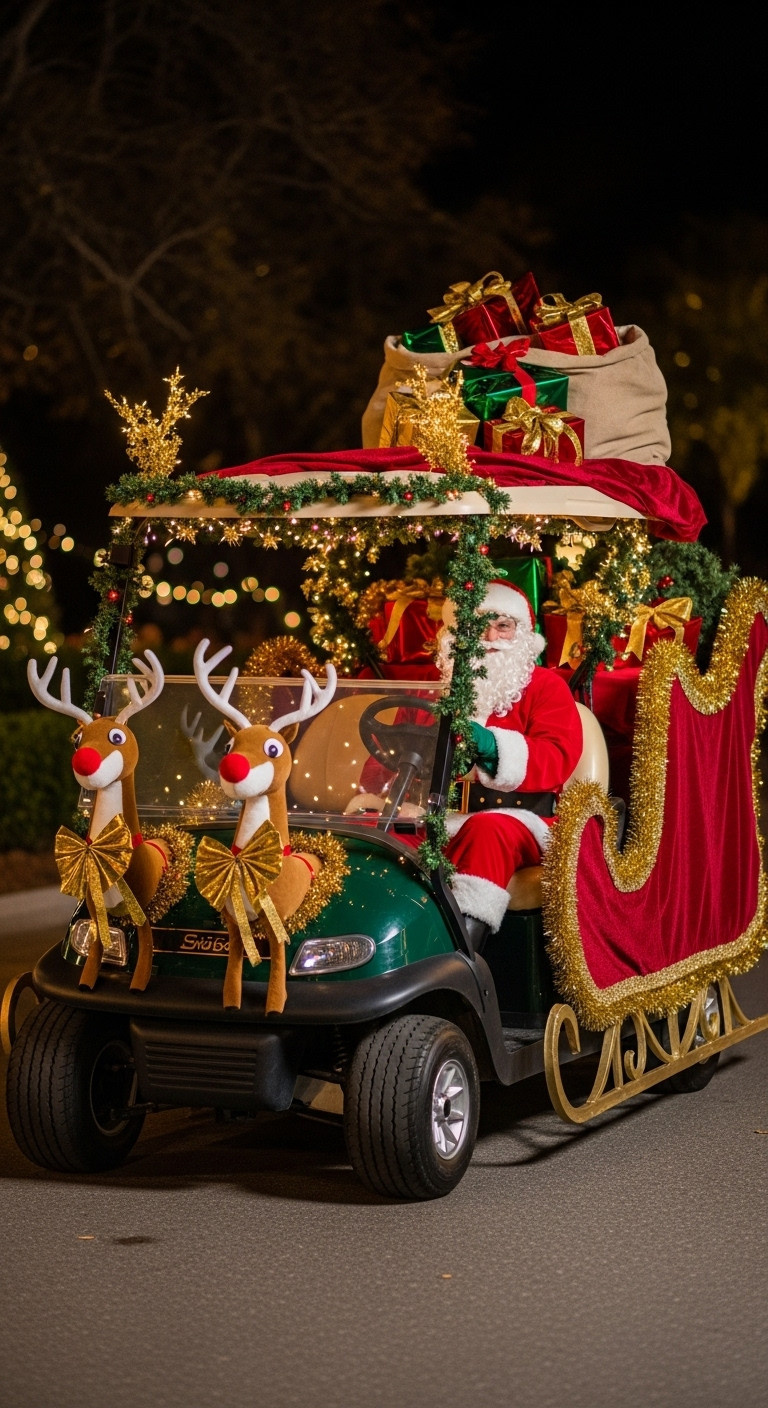 9 Dazzling Decorated Golf Cart Ideas For Christmas Parades Santa'S Sleigh Golf Cart With Red Fabric Gold Garlands And A Santa Driver With Gift Boxes For A Christmas Parade