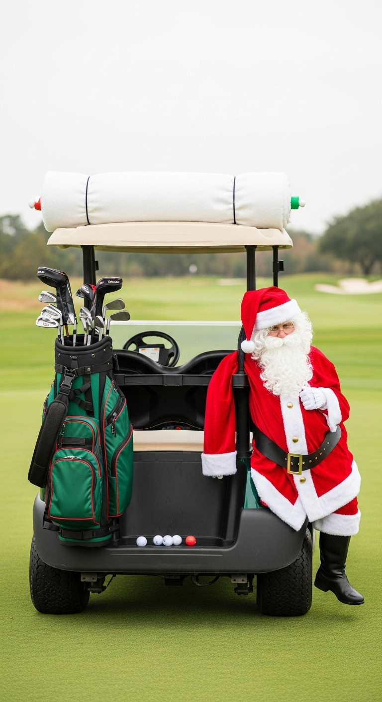 Santa'S Golfing Getaway Ugly Christmas Sweater Golf Cart Decor Artificial Snow Plastic Golf Clubs Santa Suit Festive Fairway