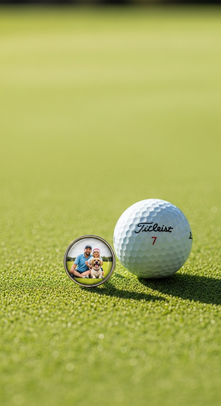 Sentimental Custom Photo Golf Ball Marker With A Family Photo Resting On A Pristine Putting Green Next To A Titleist Golf Ball