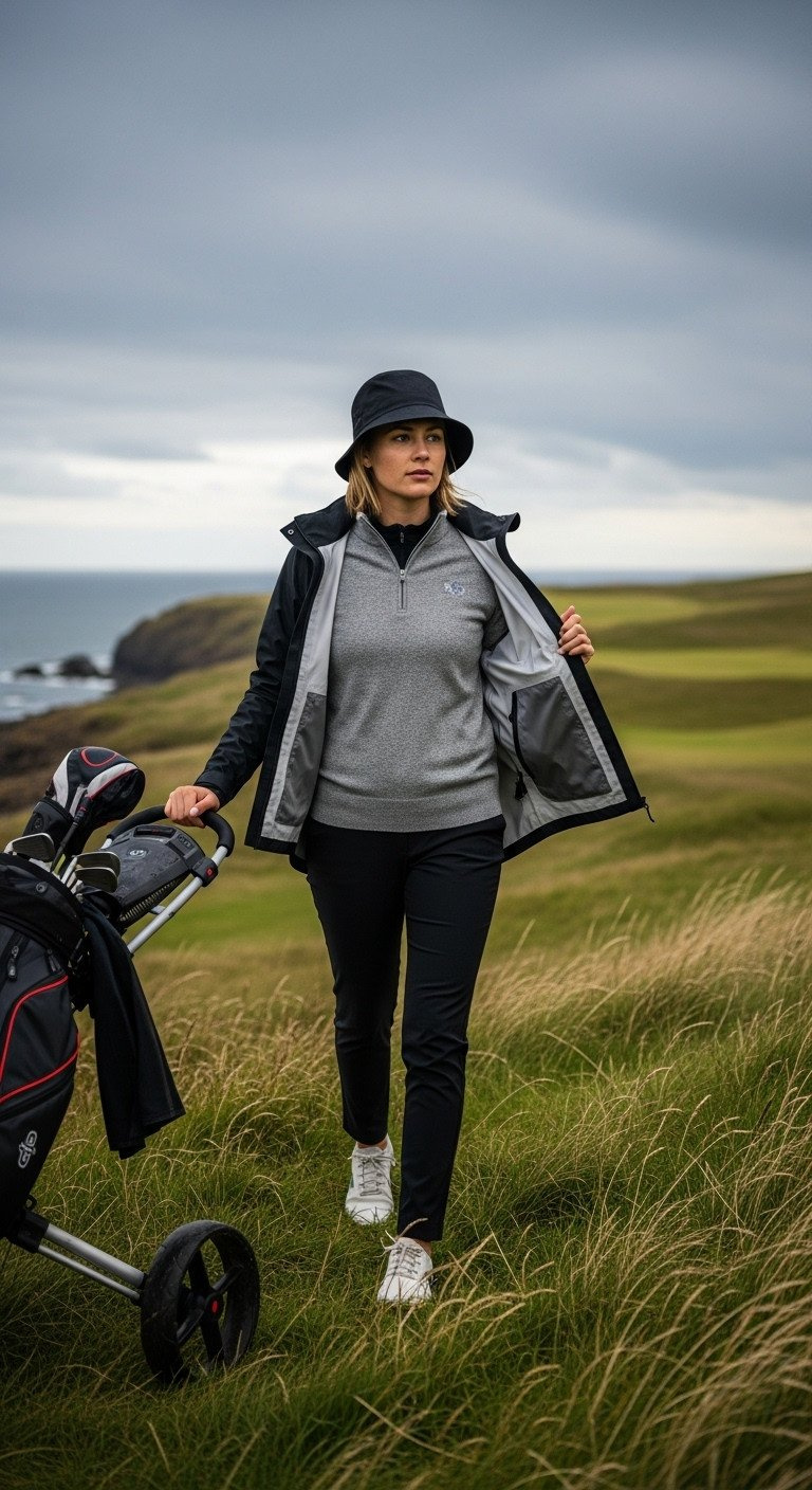 Serious Female Golfer Checking Wind In Black Waterproof Jacket, Grey Merino On A Scottish Links Course.