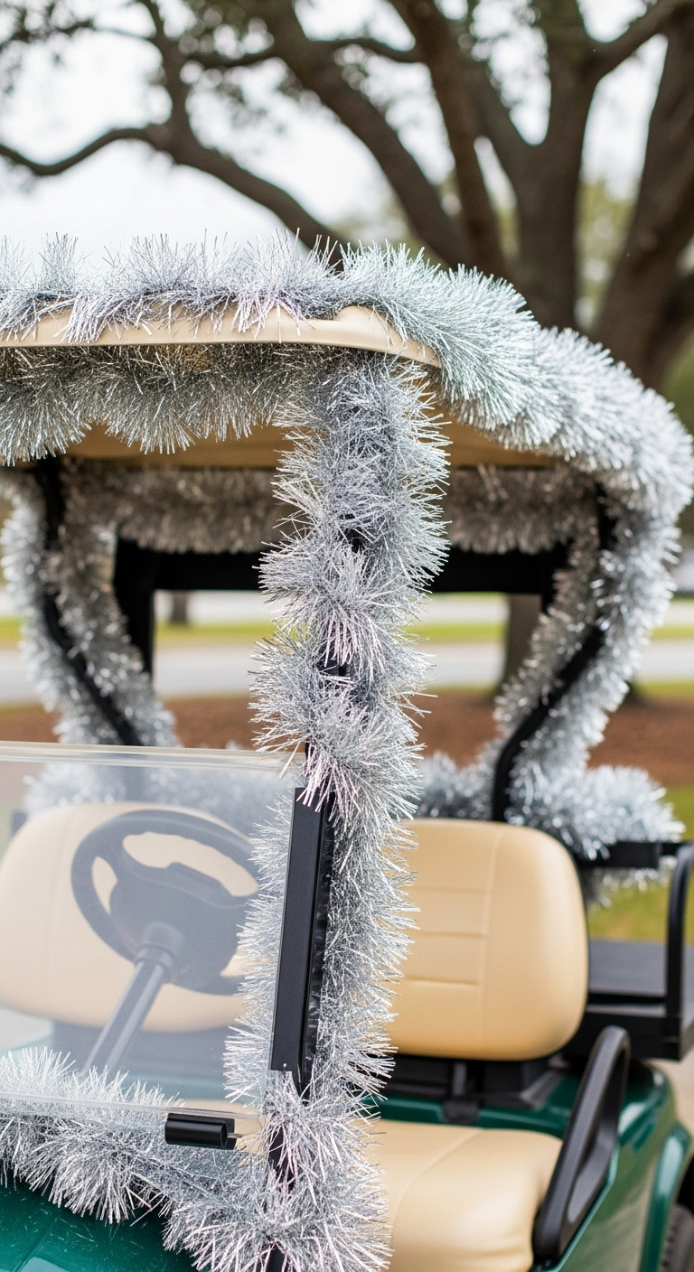 Side Of A Golf Cart Outlined With Thick Shimmering Silver Tinsel Garland