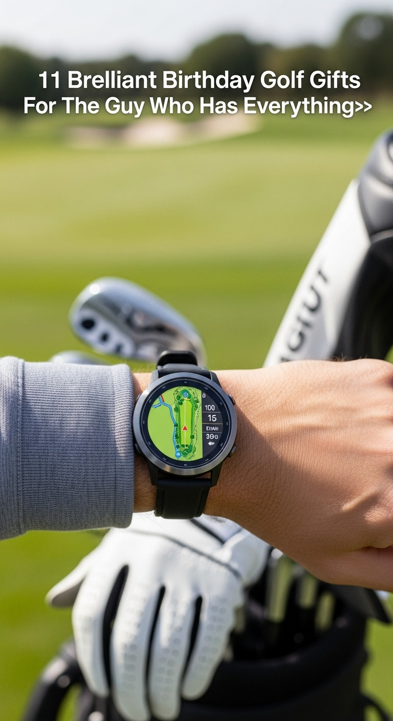 Sleek Gps Golf Watch Displaying A Vibrant Course Map On A Man'S Wrist Over A Golf Bag Handle On A Sunny Fairway