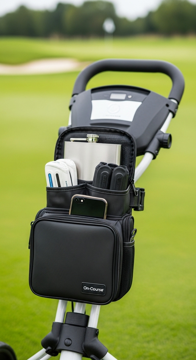 Sleek Black Golf Push Trolley Organizer Pouch Filled With Flask Hand Warmers And Smartphone On A Pushcart Handle