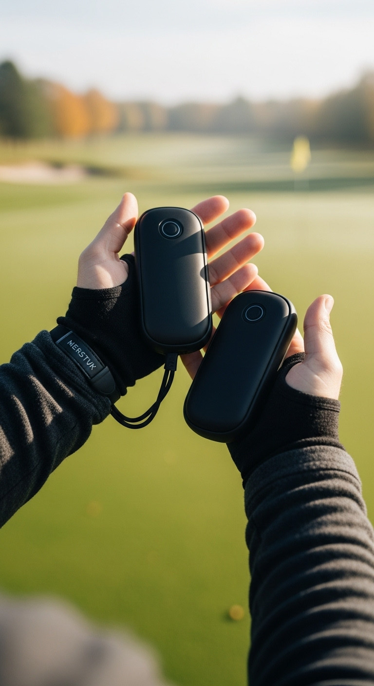Sleek Black Magnetic Rechargeable Hand Warmers Held In A Golfer'S Hands With Merino Wool Wrist Warmers On A Golf Course