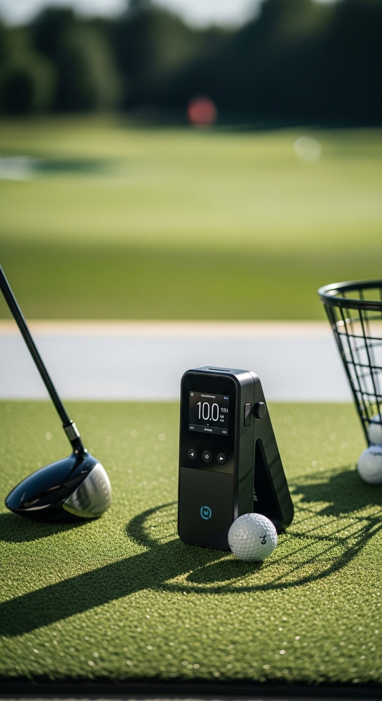 Sleek Black Portable Golf Launch Monitor On A Driving Range Mat Next To A Golf Ball With A Driver And Range Balls Nearby