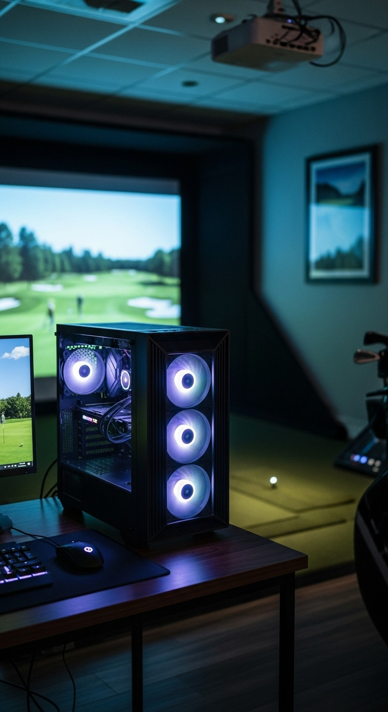 Sleek Gaming Pc Tower With Rgb Lighting Next To A Golf Simulator Setup