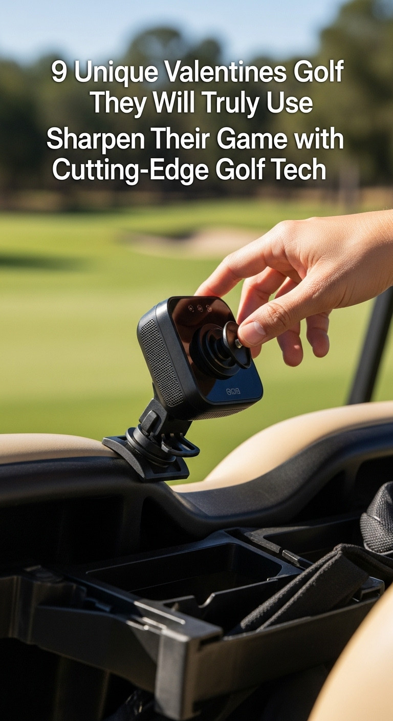 Sleek Golf Gps Speaker With A Magnetic Mount Attached To A Golf Cart Frame On A Sun Dappled Golf Course Fairway