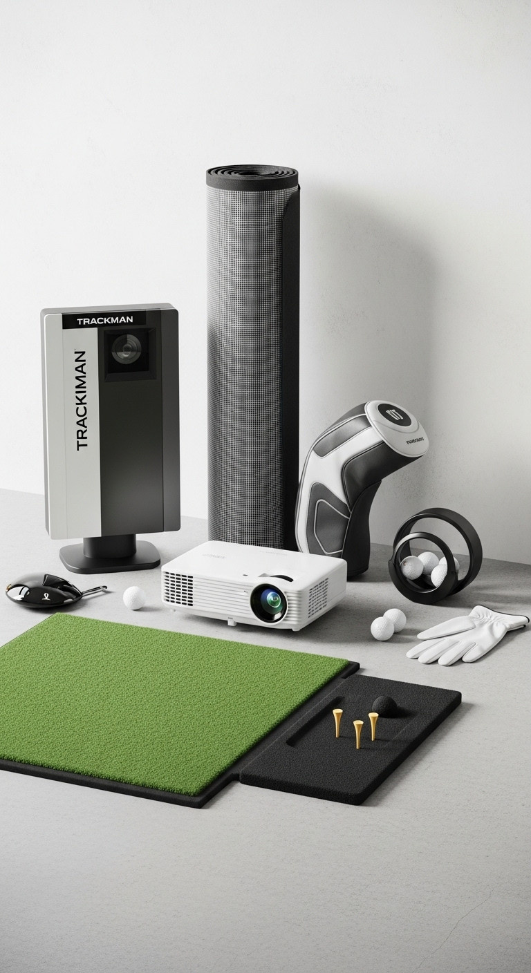 Design Your Perfect Golf Simulator Room Setup From Start To Finish Sleek Golf Simulator Components: Launch Monitor, Rolled Impact Screen, Projector, Hitting Mat, Golf Balls, Gloves. Essential Home Golf Setup Gear.