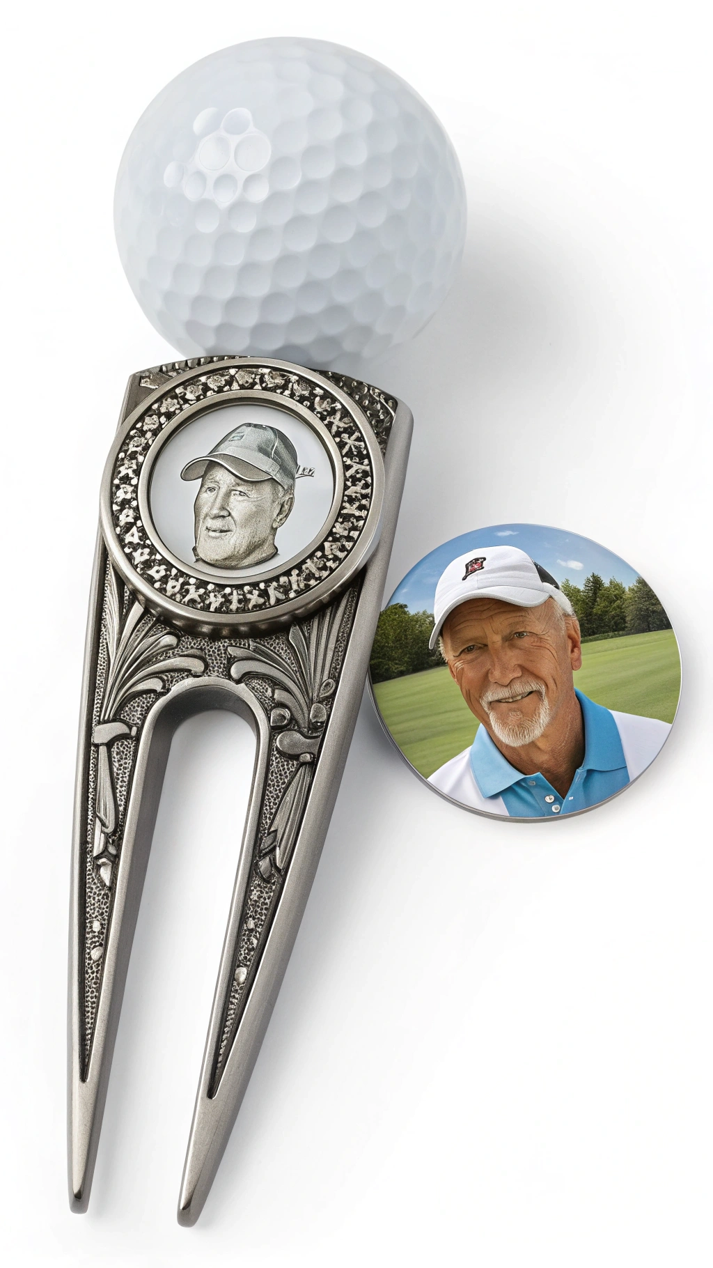 Sleek Metal Switchblade Style Divot Tool With Custom Jd Engraving Resting Next To A Magnetic Ball Marker On A Slate Surface