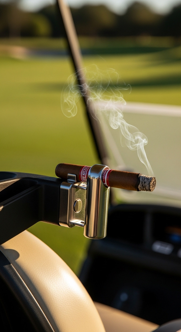 Sleek Metallic Cigar Holder Clip Magnetically Attached To A Golf Cart Frame With A Lit Cigar On A Sunny Golf Course