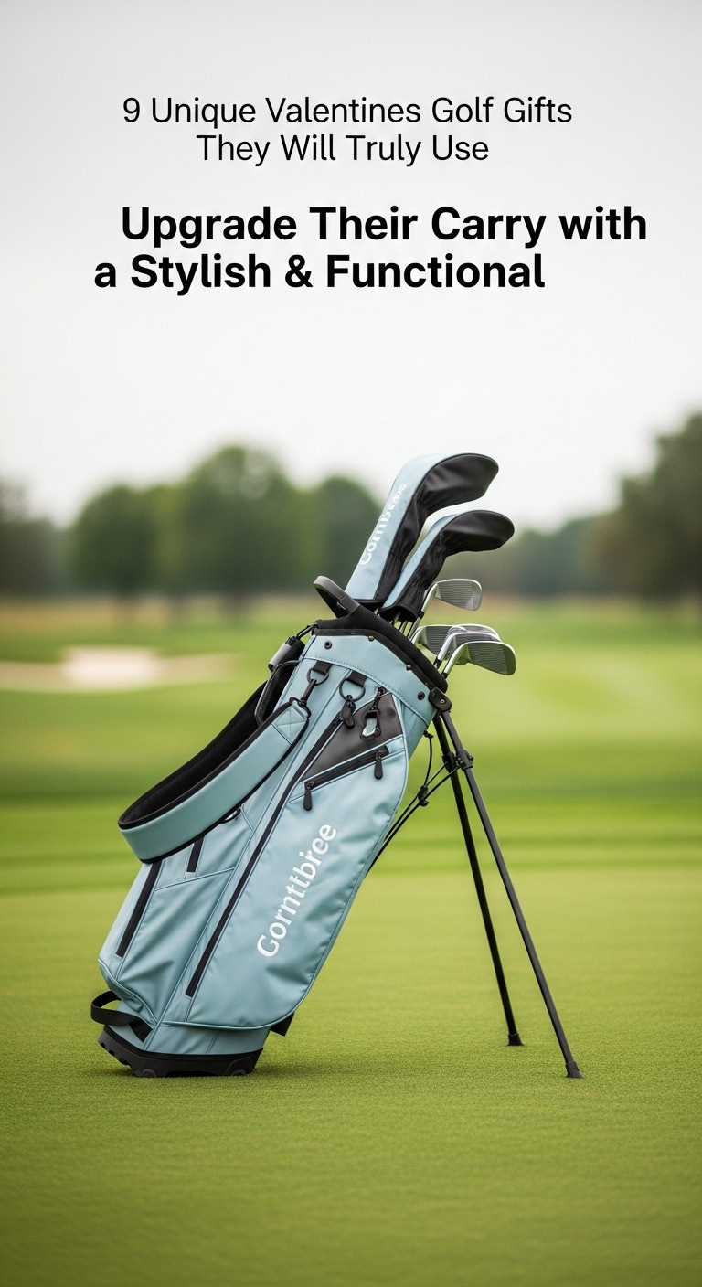 Sleek Modern Hybrid Golf Stand Bag In Ice Blue Standing On A Pristine Golf Course Tee Box With Club Headcovers Peeking Out