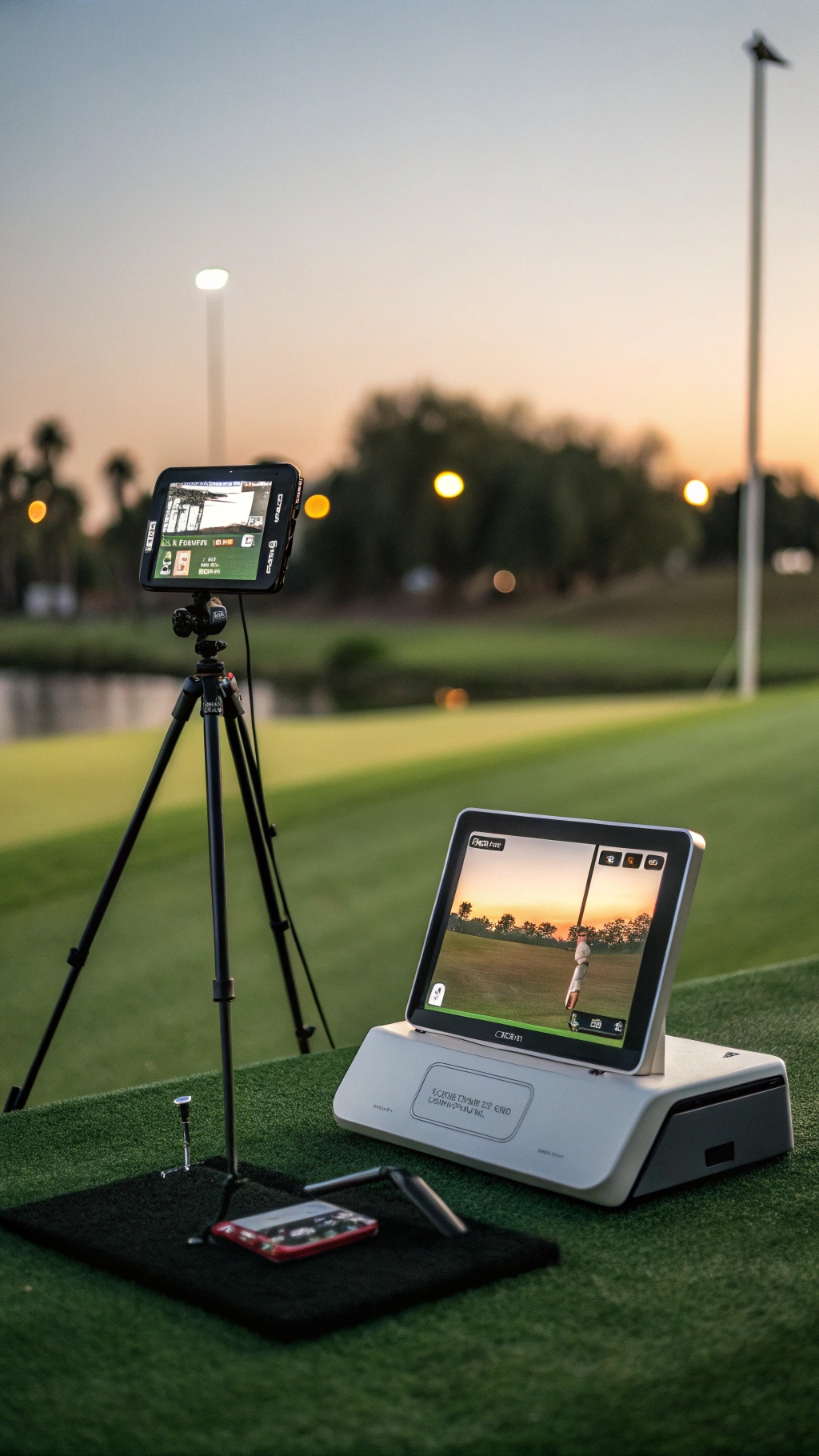 Sleek Modern Mobile Golf Launch Monitor On A Tripod Behind A Golf Ball At A Home Practice Net In A Garage
