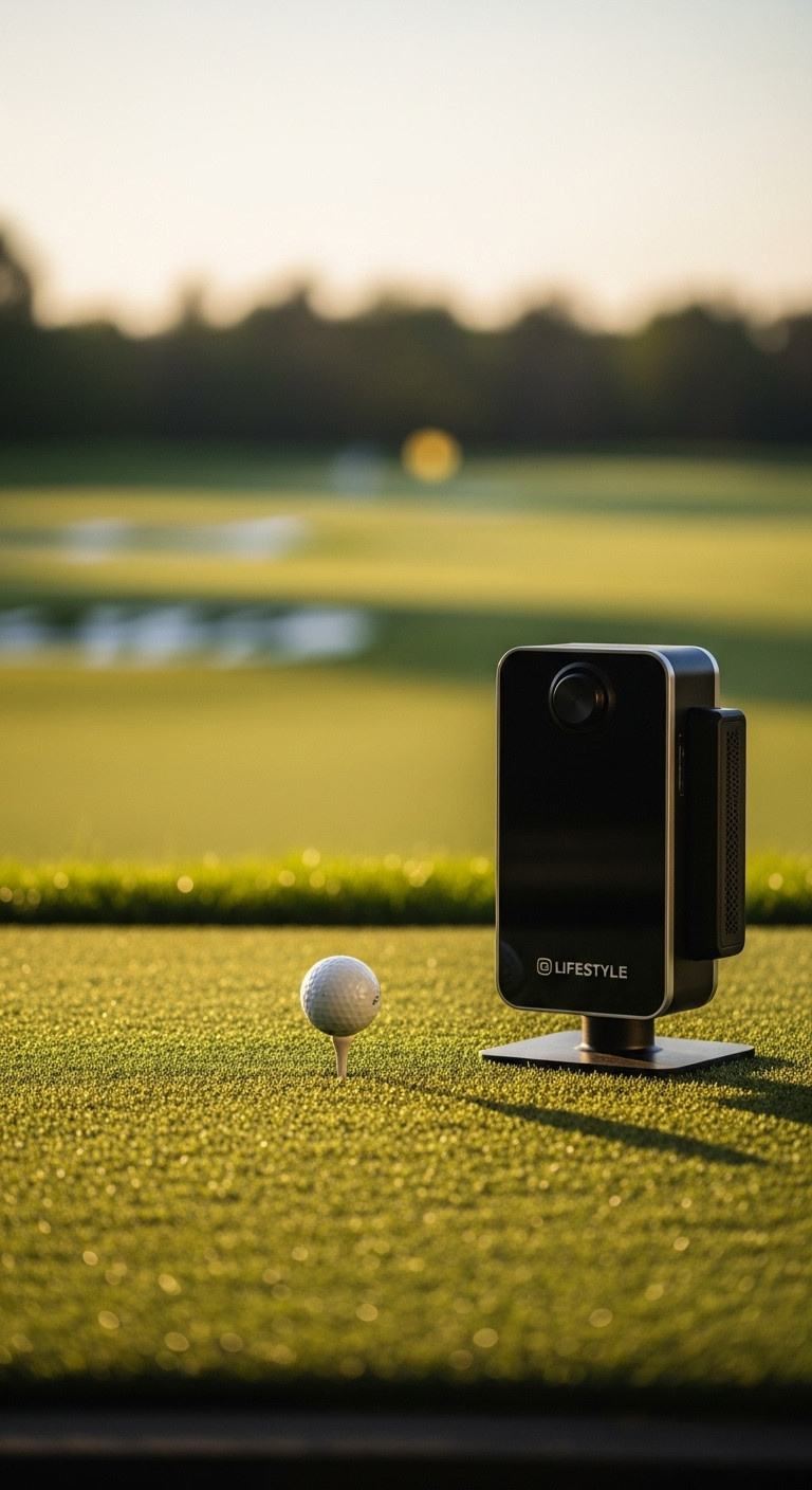 Sleek Modern Portable Golf Launch Monitor On Driving Range Grass Behind A Teed Up Golf Ball In Golden Hour Light