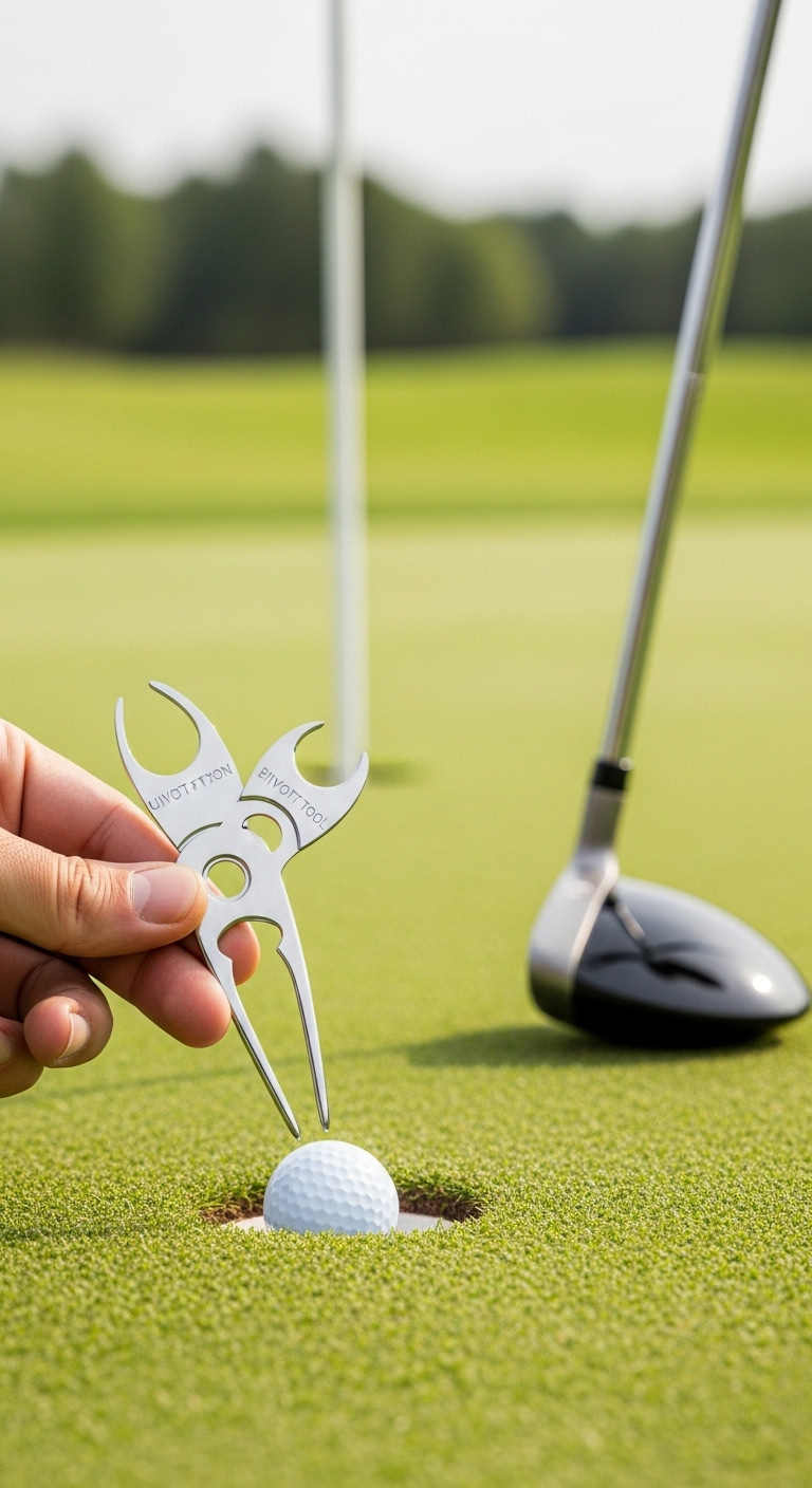 Sleek Multi-Functional Metal Divot Tool Held In A Golfer'S Hand On A Pristine Putting Green